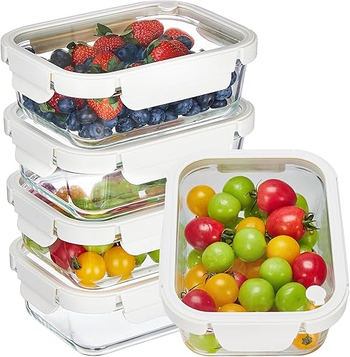 Vtopmart Paquete de 5 recipientes de vidrio de 35 onzas con tapas de vidrio y ventilación de aire, juegos de recipientes de alimentos para