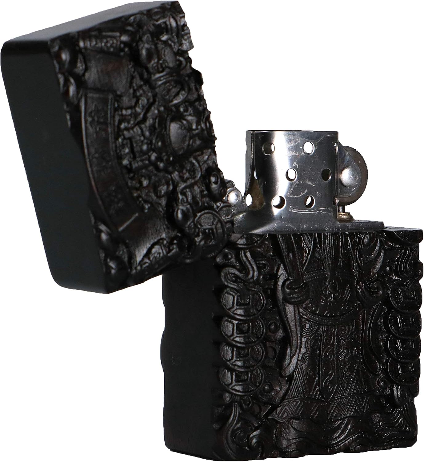 Natural Ebony Black Wood Carved Lighter Shell Box For Zippo Module (Mammon Wealth God)