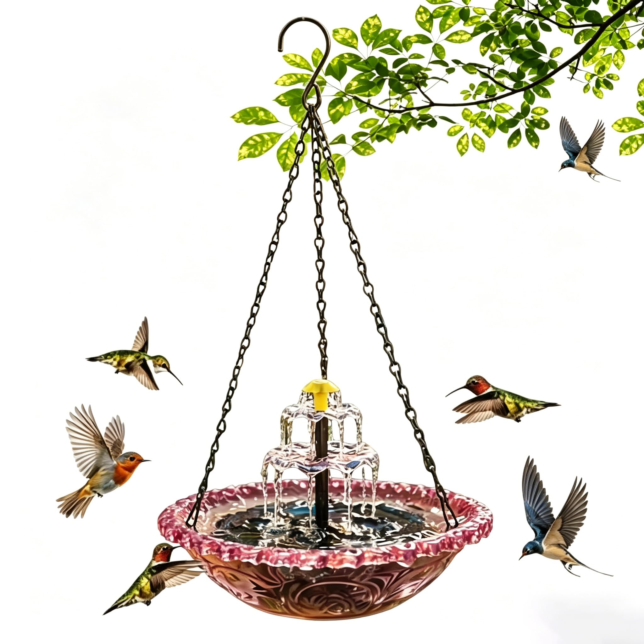 Solar Cascade Hanging Bird Bath Fountain, 3 Layers Outdoor Water Feature with Solar Powered Pump, Easy-Clean Glass Basin, Attracts Hummingbirds & Wild Birds for Garden Patio Backyard (Pink)