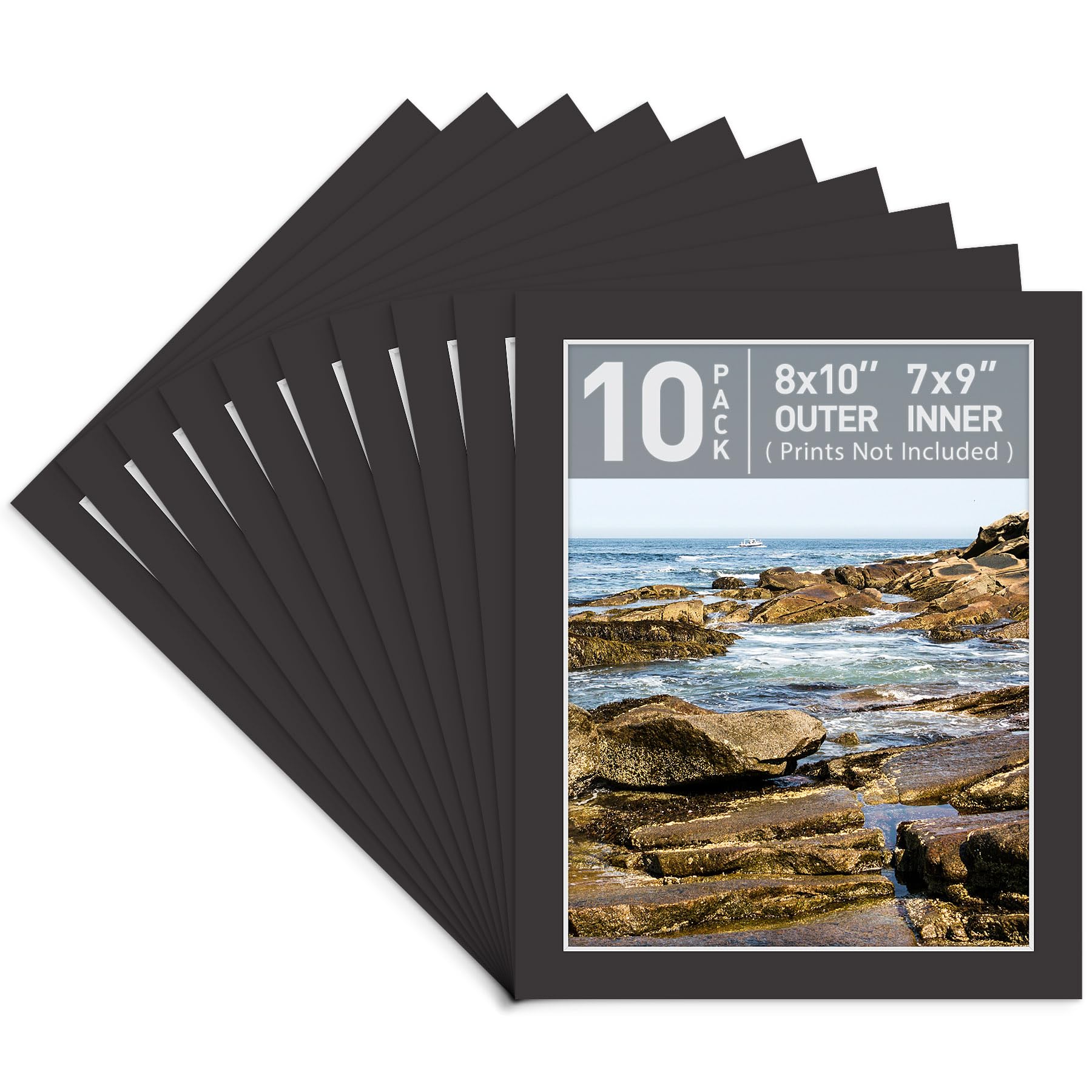 Golden State Art, Pack of 10, Pre-Cut 8x10 Picture Mats Bevel Edge 6.5x8.5 Opening for 7x9 Photos, Black