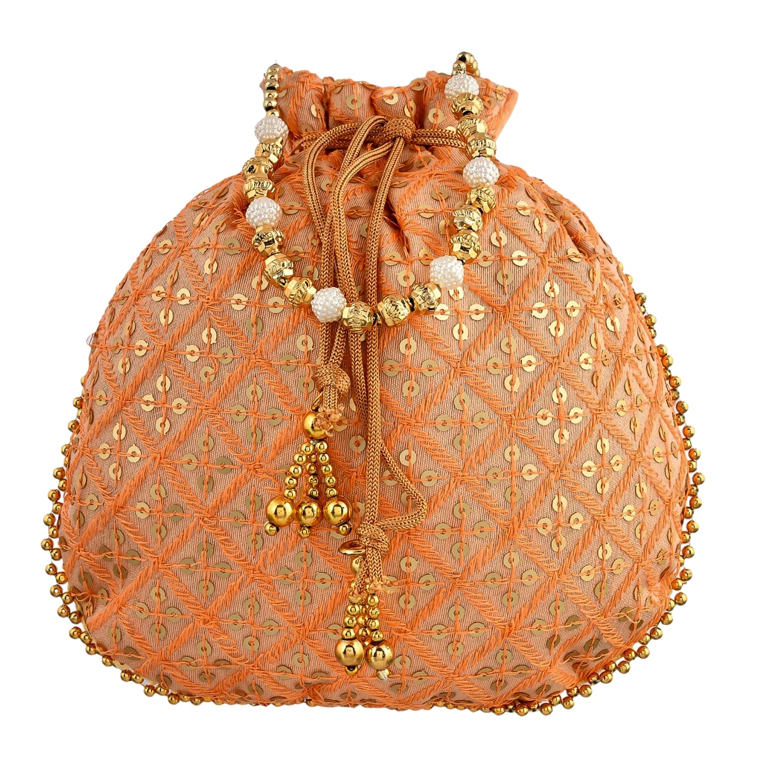 Kuber Industries Potli | Silk Wedding Potli | Drawstring Closure Potli | Wallet Potli | Christmas Gift Potli | Baby Shower Potli | Traditional Shagun Potli | Single Side Sequins-Potli | Peach