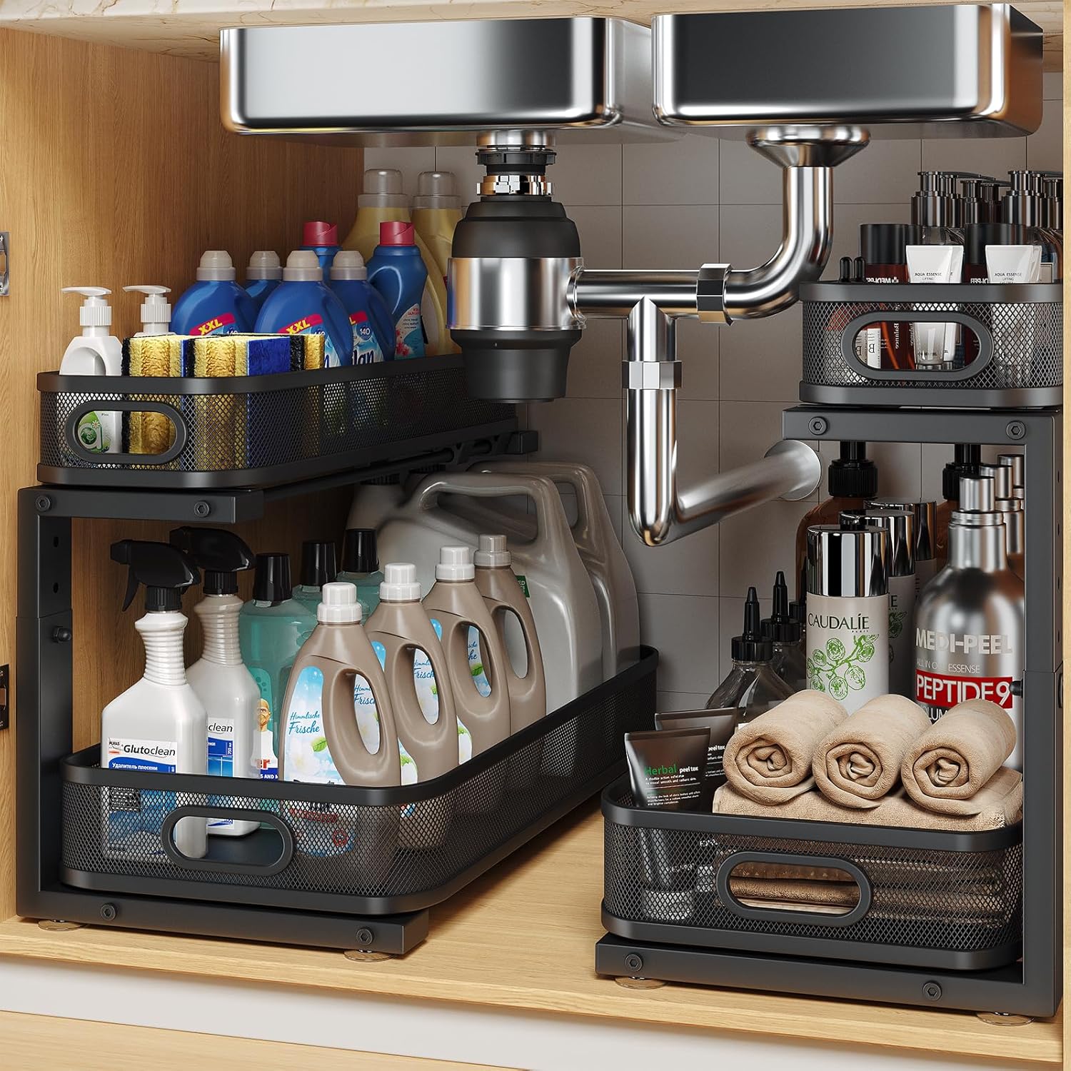 2 Pack 19.3IN-Depth Under Sink Organizer with Smooth Cylindrical Rail,2-Tier Pull Out Multi-Purpose Cabinet Storage for Bathroom&Kitchen,Height Adjustable,Rust-Resistant Coating-Black Black 2 Pack-19.3"Dx11"-16.14"H