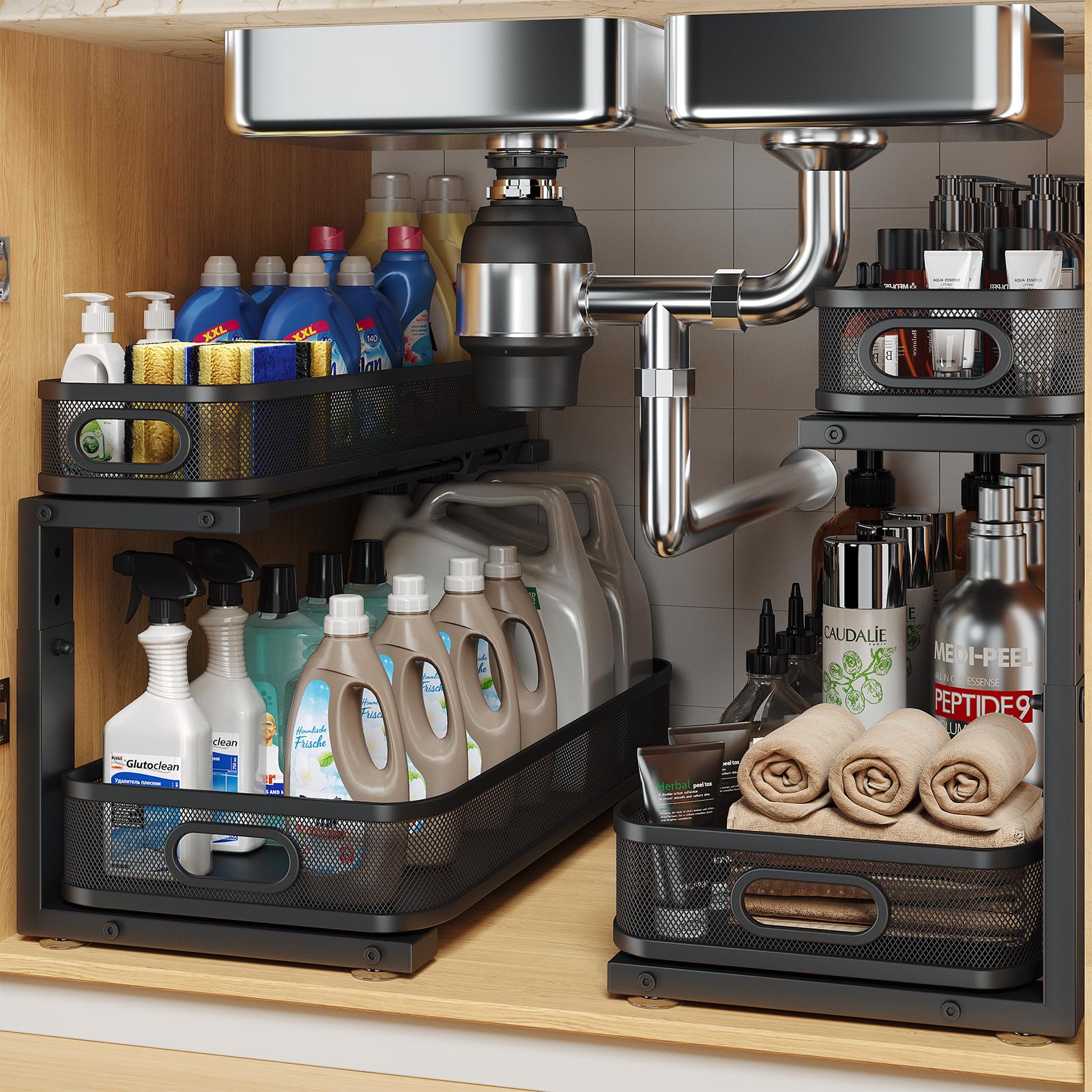 2 Pack 19.3IN-Depth Under Sink Organizer with Smooth Cylindrical Rail,2-Tier Pull Out Multi-Purpose Cabinet Storage for Bathroom&amp;Kitchen,Height Adjustable,Rust-Resistant Coating-Black