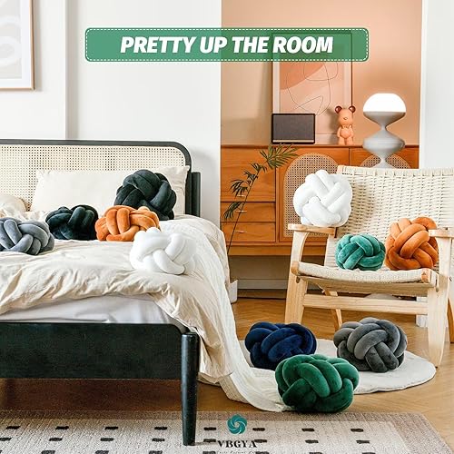 Miniatura 5 de Cojín decorativo suave con forma de bola de nudo, almohada redonda de felpa anudada de 11 pulgadas, almohada verde oscuro, cojín decorativo moderno