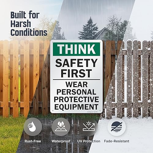 Miniatura 4 de SmartSign - S-2917-AL-14 Letrero "Think Safety First - Use equipo de protección personal"  Aluminio de 10" x 14" Aluminio 10" x 14" Aluminio no