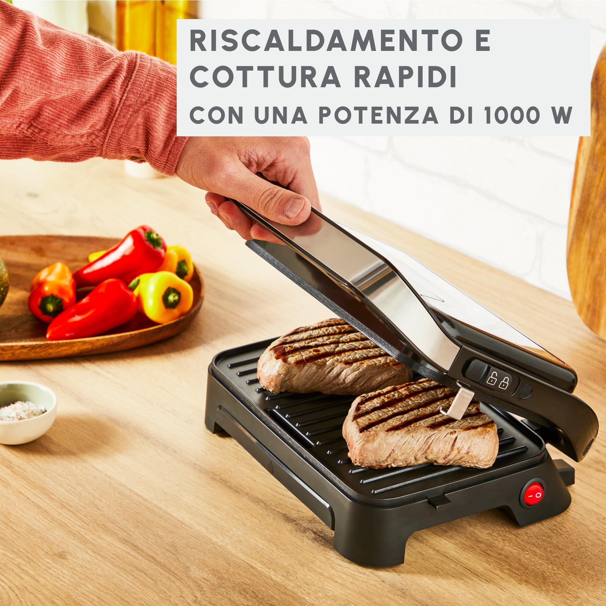Moulinex Inicio Compact, Grill per Panini & Grill, Piastre per la Cottura Antiaderenti, Facile da Pulire, Facile da Riporre, GI270D10