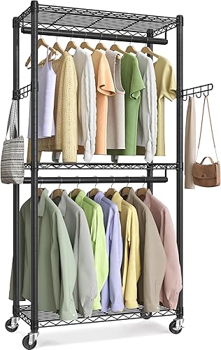 SONGMICS Perchero Enrollable de Alta Resistencia, Perchero para Ropa, Armario Portátil, Perchero de Ropa de 75 cm de Ancho con Ruedas, con Estantes