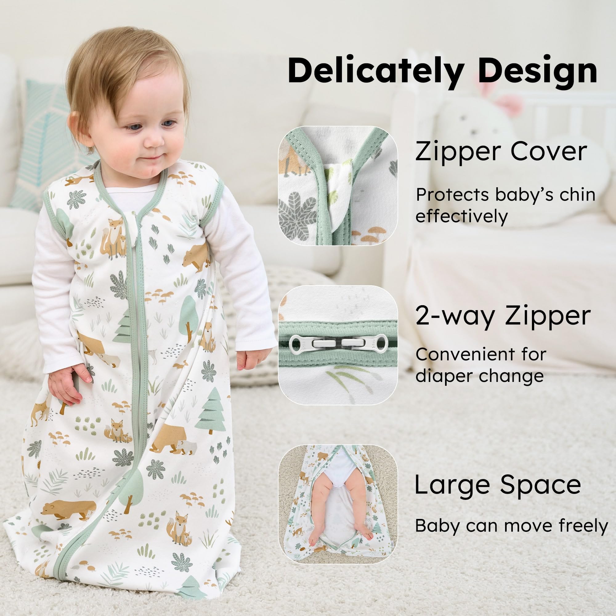 FIEMOL Baby Sleeping Bag 6-12 Months 0.5 Tog Baby Wearable Blankets Cotton - Image 2