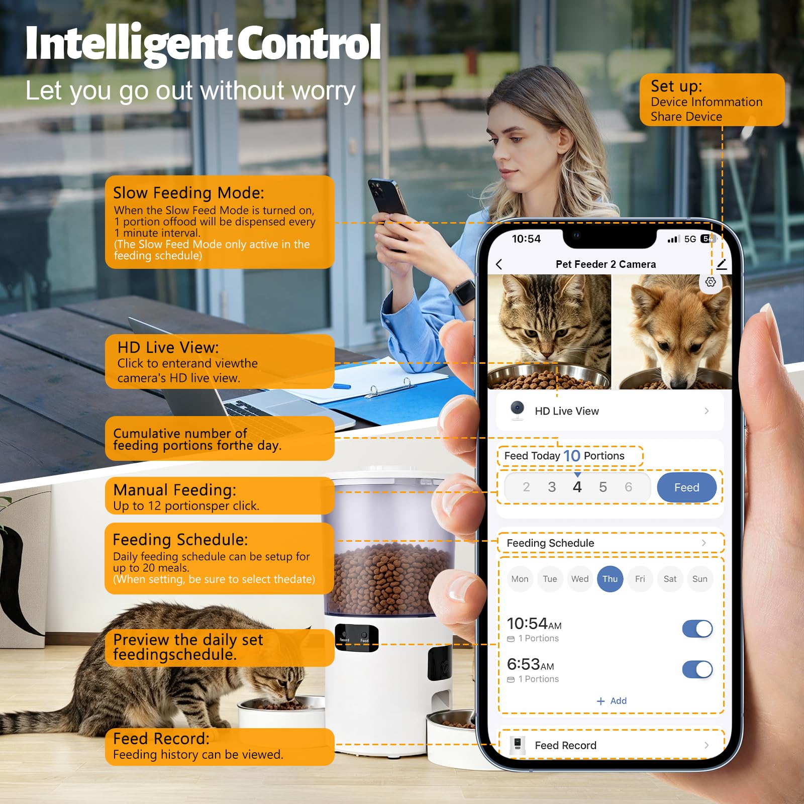 Podazz Comedero automático para gatos con doble cuenco, capacidad de 5 litros, 2 cámaras, WiFi, para 2 gatos o perros pequeños, control de aplicación de 2,4 GHz y 5 GHz, 20 comidas al día, porciones