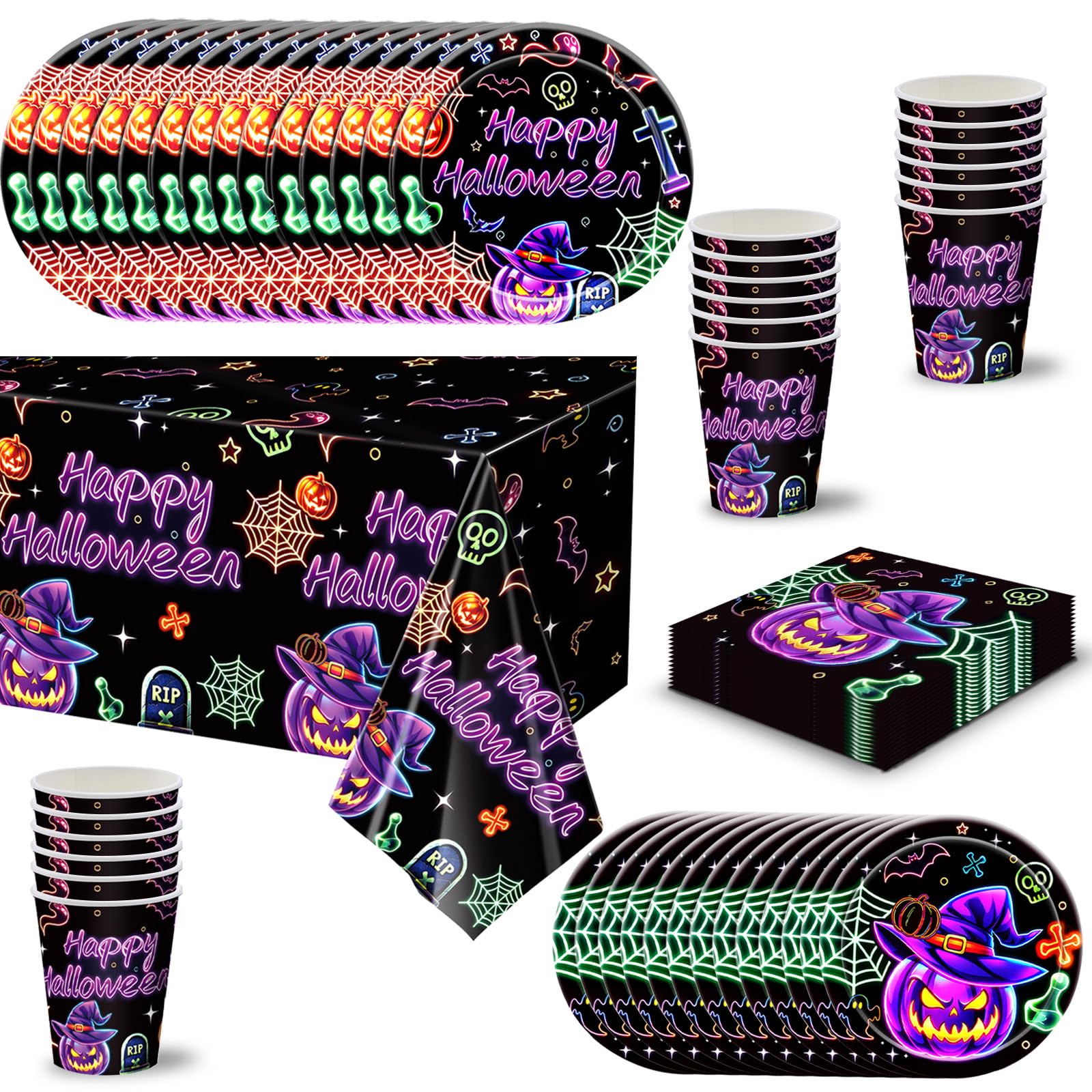 69pcs Halloween Party Tableware Neon Pumpkin Disposable Dinnerware Set,Purple Halloween Tableware Decor Plastic Tablecloth,Paper Plates Napkins and Cups for 16 Guest Halloweens Party Table Decorations