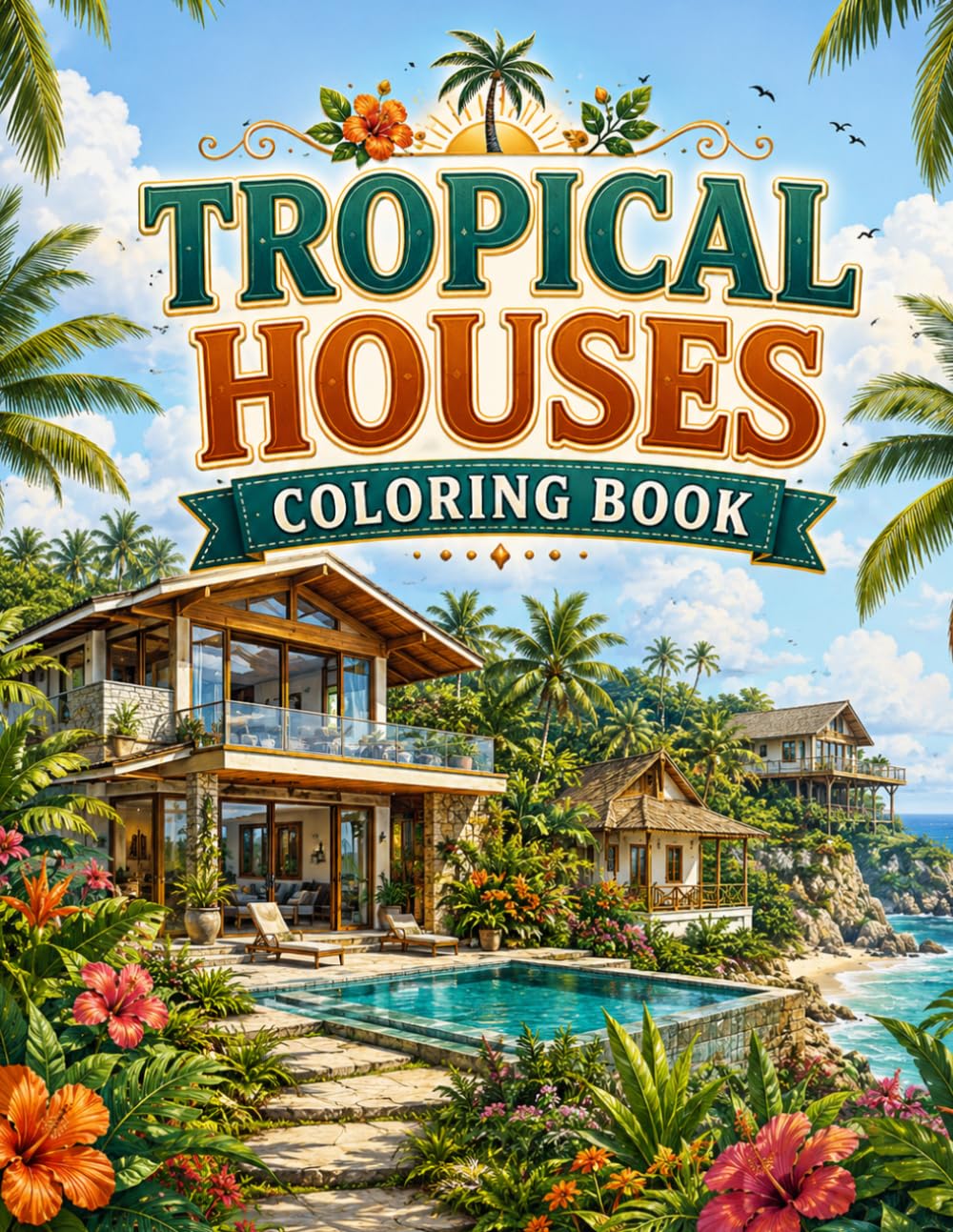 Tropical Houses Coloring Book: Beach Villas, Island Bungalows and Coastal Paradise Scenes for Adults