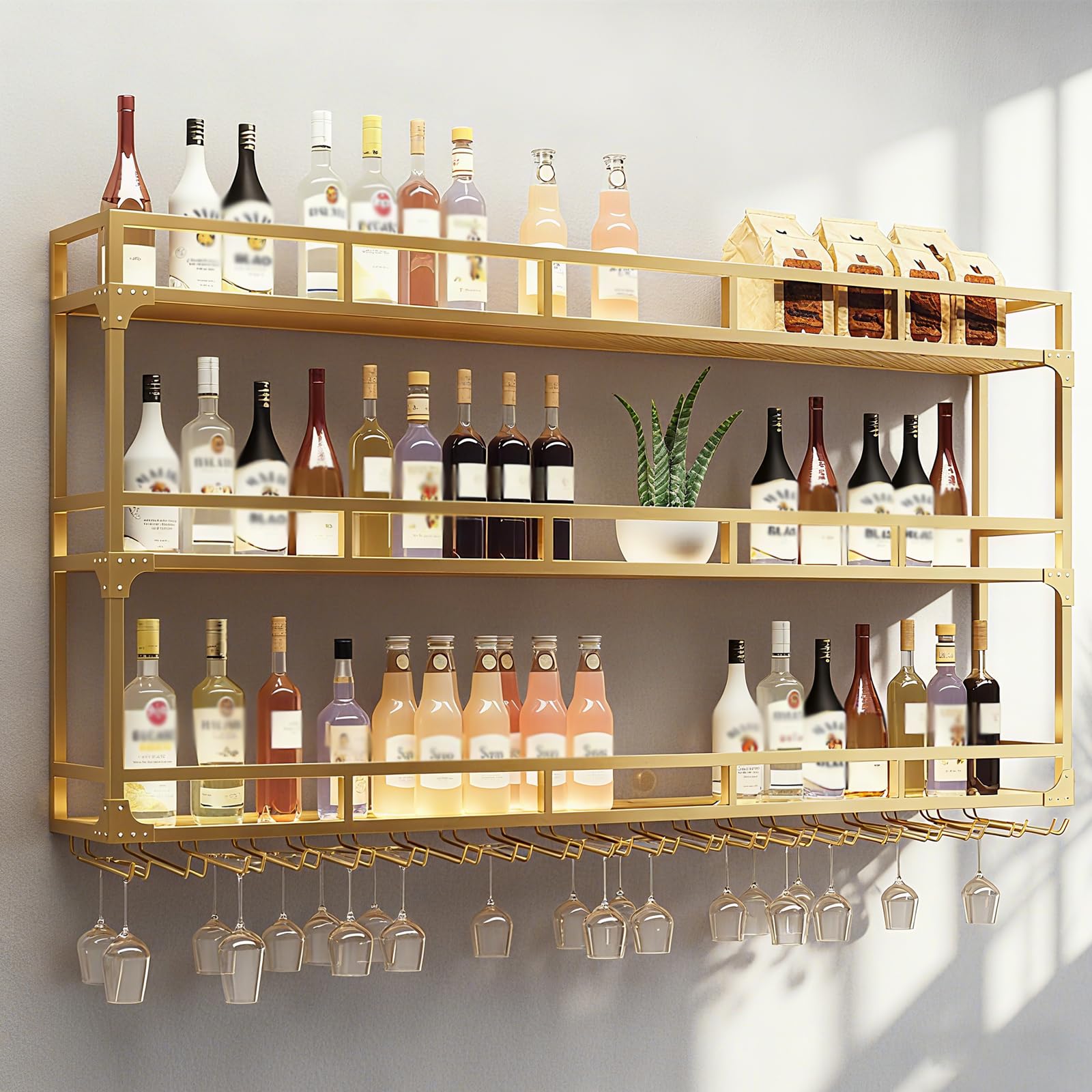 amhricho Wall Mounted Wine Rack, Wine Rack Wall Mounted With Wine Glass Rack, Metal Bar Bottle Display Shelf Wine Cups Hanging Holder, For Home Bar Cafe Dining Room Decoration (GOLD, 100 * 25 * 90CM)