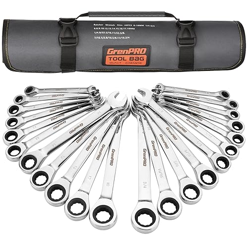 GRENPRO Ratcheting Wrench Set, Combination Wrench Set, 22-Piece SAE & Metric and Standard, 72Th Long Open End, 1/4" to 3/4" & 6-18mm, Organizer With Roll Up Pouch, CR-V Socket Mechanic Hand Tools Sets