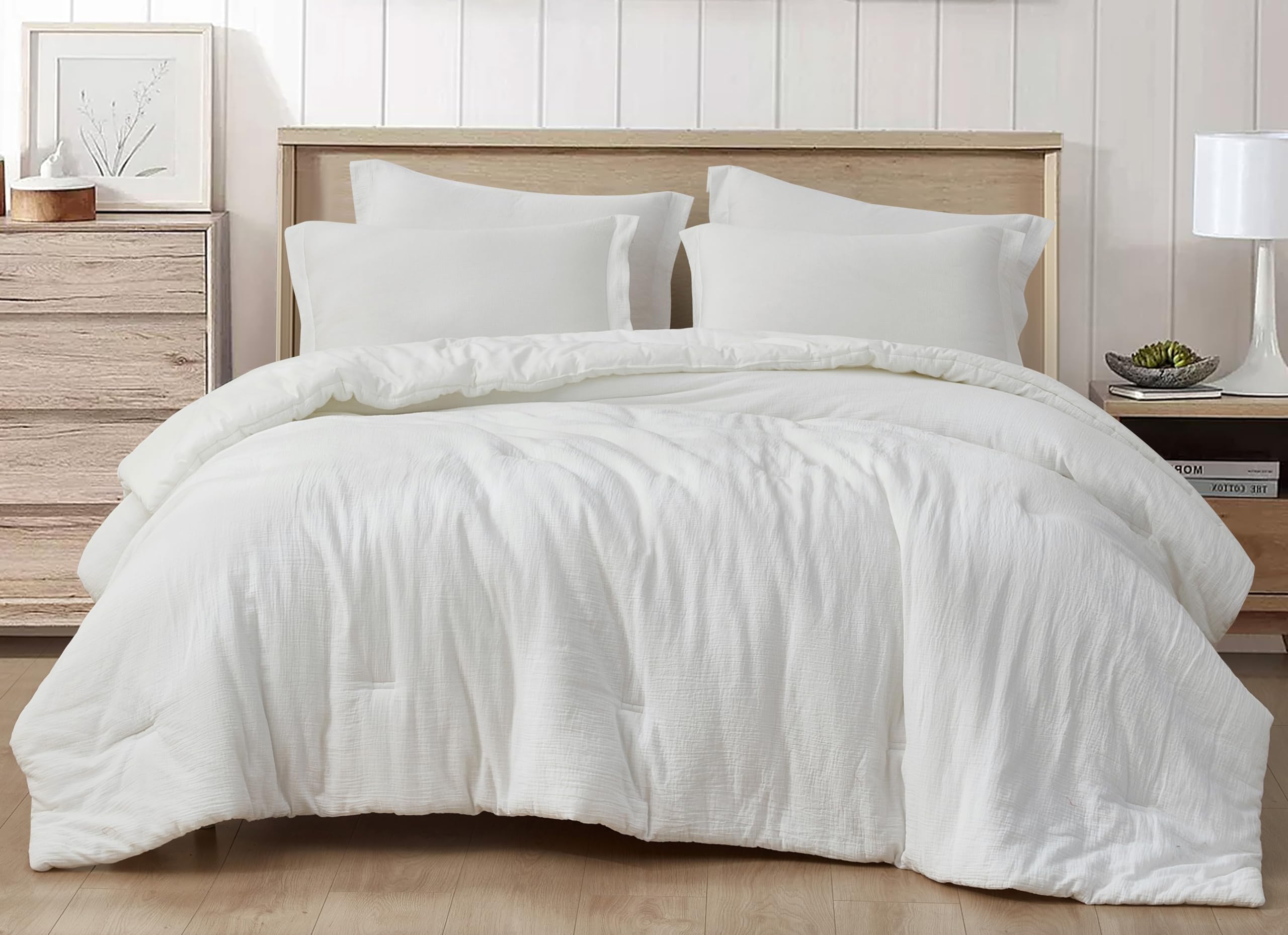 chezmoi collection breeze 3-piece 100% cotton muslin oversized king comforter set, white soft washed cotton gauze comforter, lightweight breathable reversible 240gsm fill summer bedding