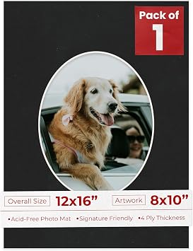 12x16 Mat Bevel Cut for 8x10 Photos - Precut Black Suede Oval Shaped Photo Mat Board Opening - Acid Free Matte to Protect Your Pictures - Bevel Cut for Family Photos, Pack of 1 Matboard
