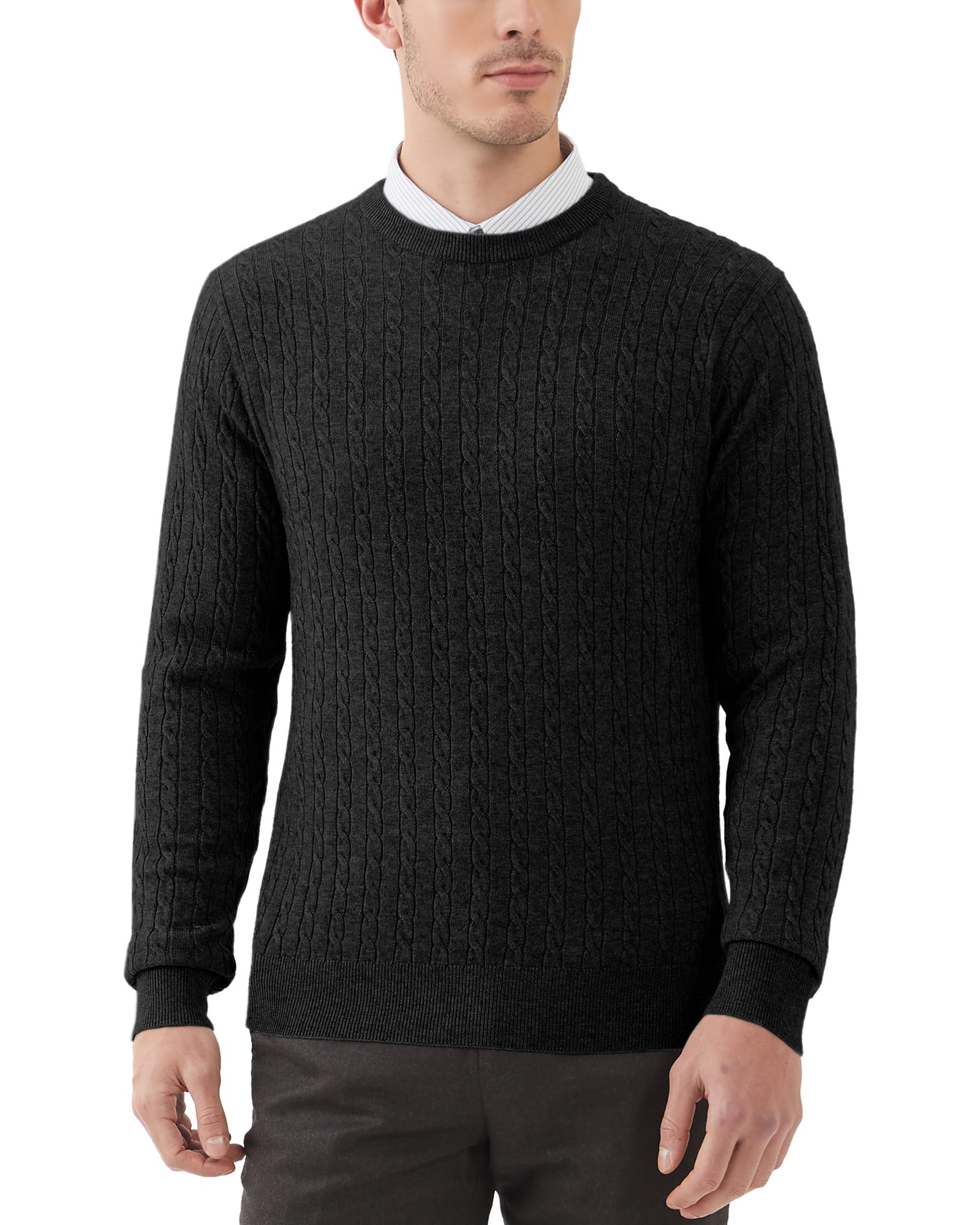 Kallspin Men’s Wool Blend Jumper Sweater Cable-Knit Crewneck Pullover Casual Knitwear(Black, XL)