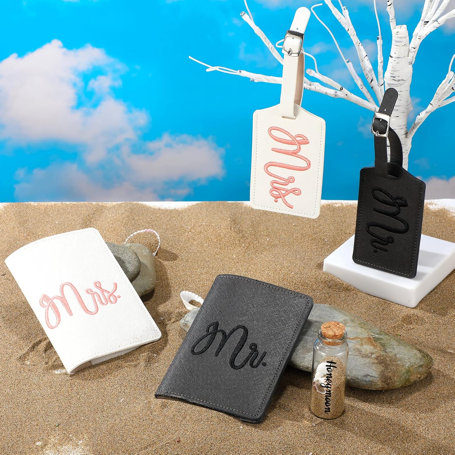 Weewooday 5 Pieces Mr and Mrs Passport Cover Holders And Luggage Tags Valentine's Day Gift Honeymoon Set with Sand Keepsake Jar Bridal Shower Gift for Wedding Engagement Newlyweds Couples - Image 7