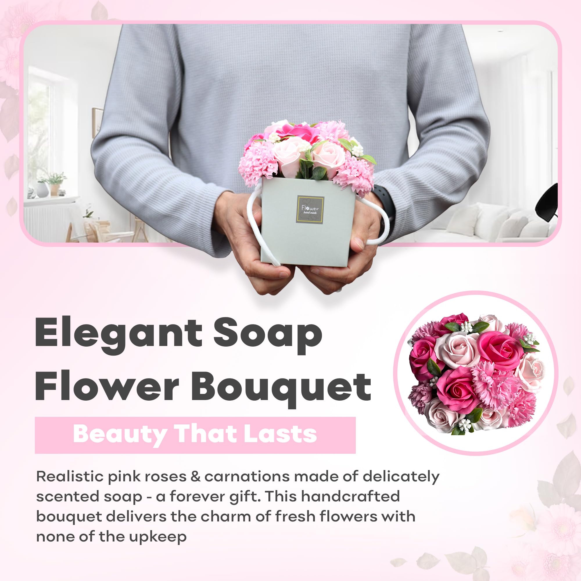 Soap Flower Bouquet Pink Rose and Carnation Mothers Day Flowers Valentine Flowers for Her and Flower Bouquet For Your Loved Ones - Image 3