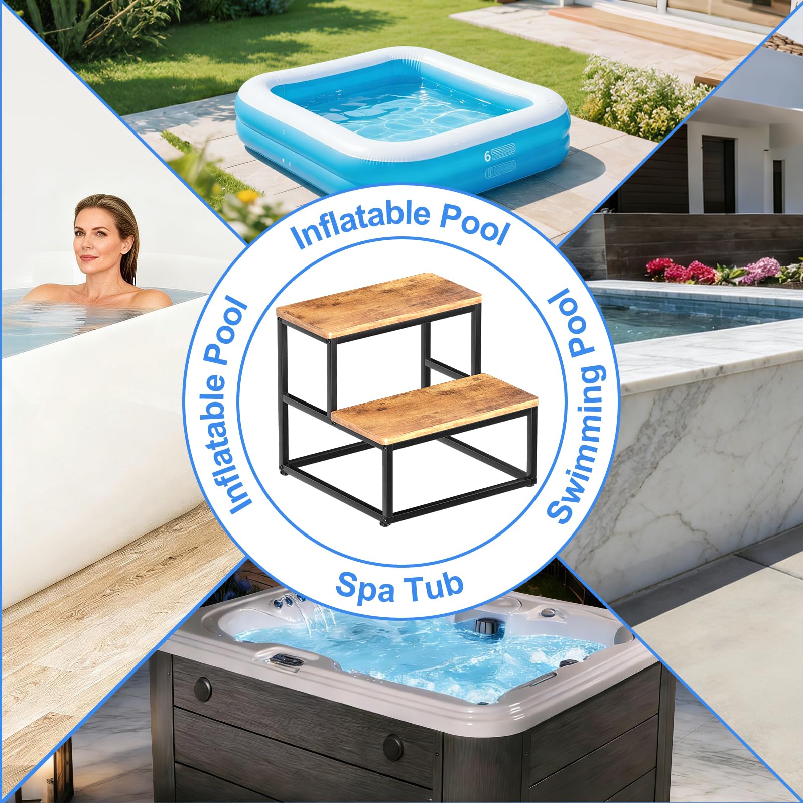 Whirlpool Treppe, rutschfeste Spa-Stufen 226KG/500lbs Kapazität Pooltreppe Universal Heavy Duty 2-Tier Spa & Hot Tub Step für Verschiedene Arten von Whirlpools, Massivholzfarbe