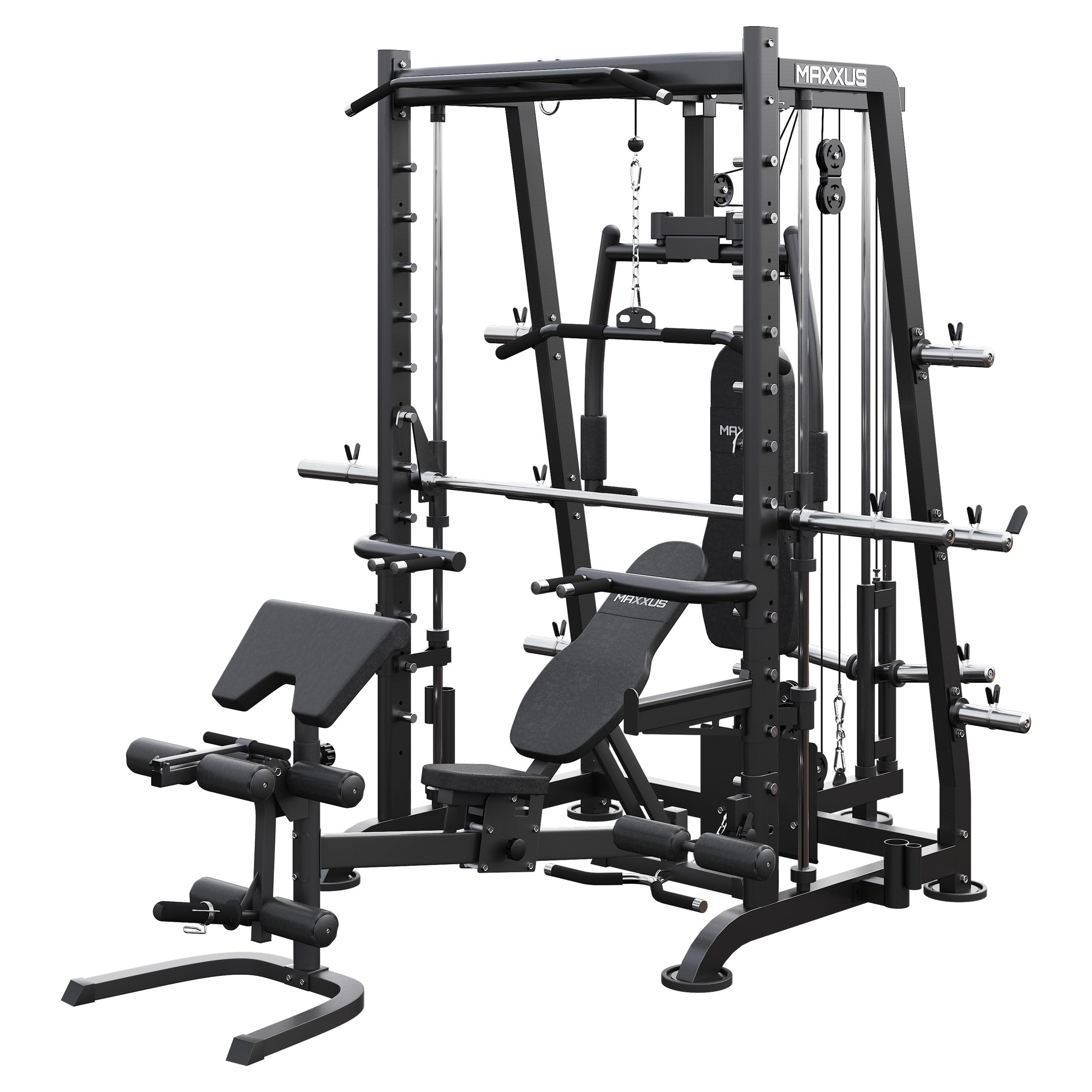 MAXXUS Kraftstation Multipresse 8.1 – Smith Machine mit Hantelbank, Butterfly, Kabelzug, Latzug, Klimmzugstation & Dip-Station, bis 250 kg für Zuhause