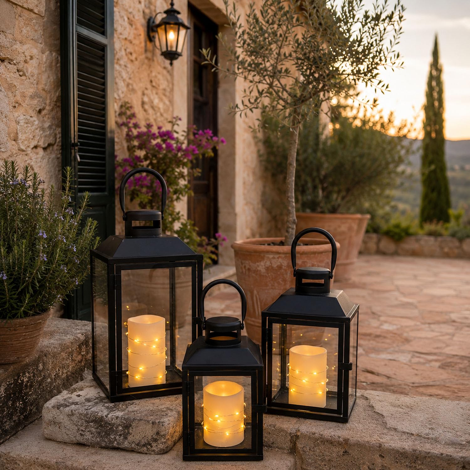 Mojawo 3er Set Gartenlaterne Windlicht Laterne Laternen Metalllaterne Set Dekoration Außen Metall Schwarz H24/33/41cm