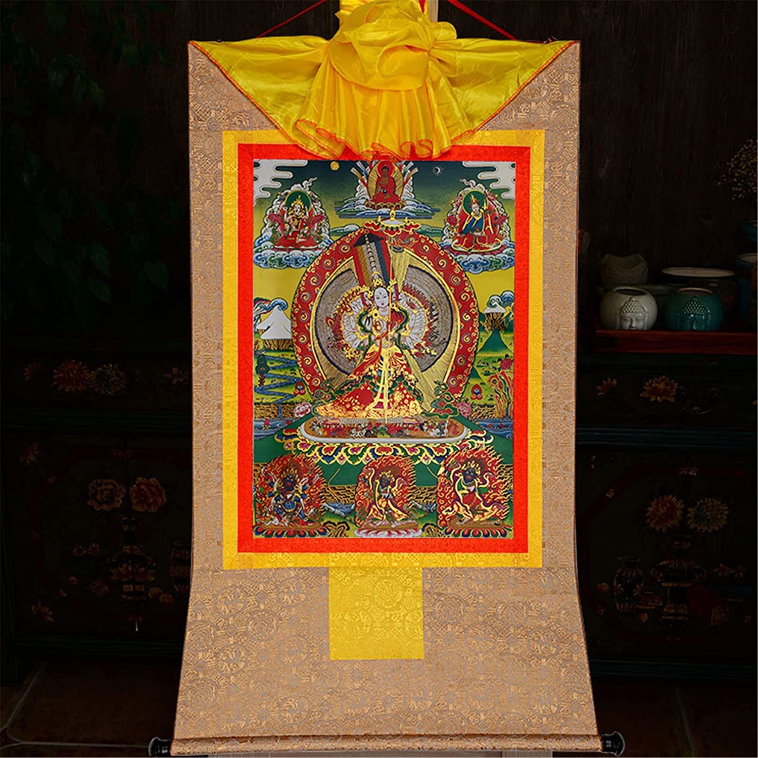 Buddhistischer Thangka-Wandbehang, buddhistisches Thangka-Gemälde, tibetische Thangka-Malkunst, buddhistischer Thangka-Brokat, Buddha-Wandteppich mit Schriftrolle (Farbe: Rot, Größe: Klein (35 cm x 27