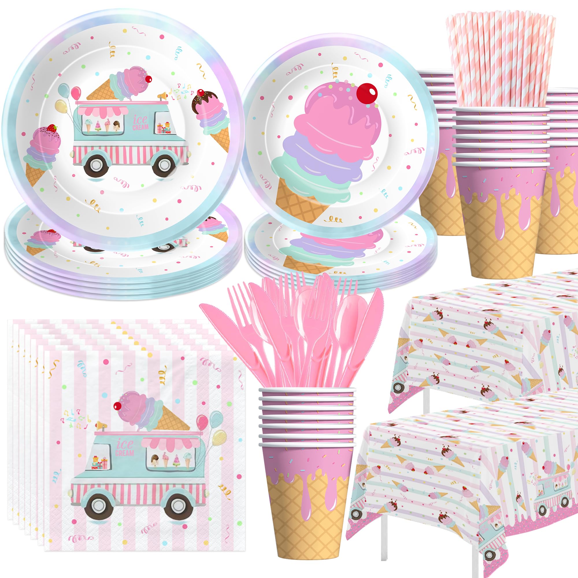 Ice Cream Party Decorations Girl Ice Cream Birthday Party Supplies | Truck Shop Paper Plate, Napkin, Cup, Tablecloth, Cutlery, Here's The Scoop Summer Sweet Birthday Decorations, Serves 24