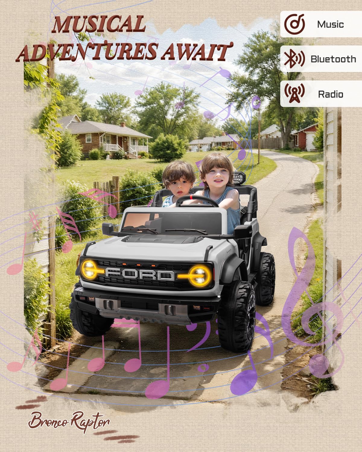 Licensed Ford Bronco Raptor 24V 2 Seater Kids Ride on Toys, Battery Powered Electric Ride on Car, Remote Control Electric Car w/Led Lights, Music, High Low Speed (24V, White)