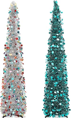 Miniatura 1 de Shappy 2 árboles de Navidad plegables de 5 pies, árbol de Navidad artificial de oropel para decoración del hogar, oficina, interior, dormitorio,