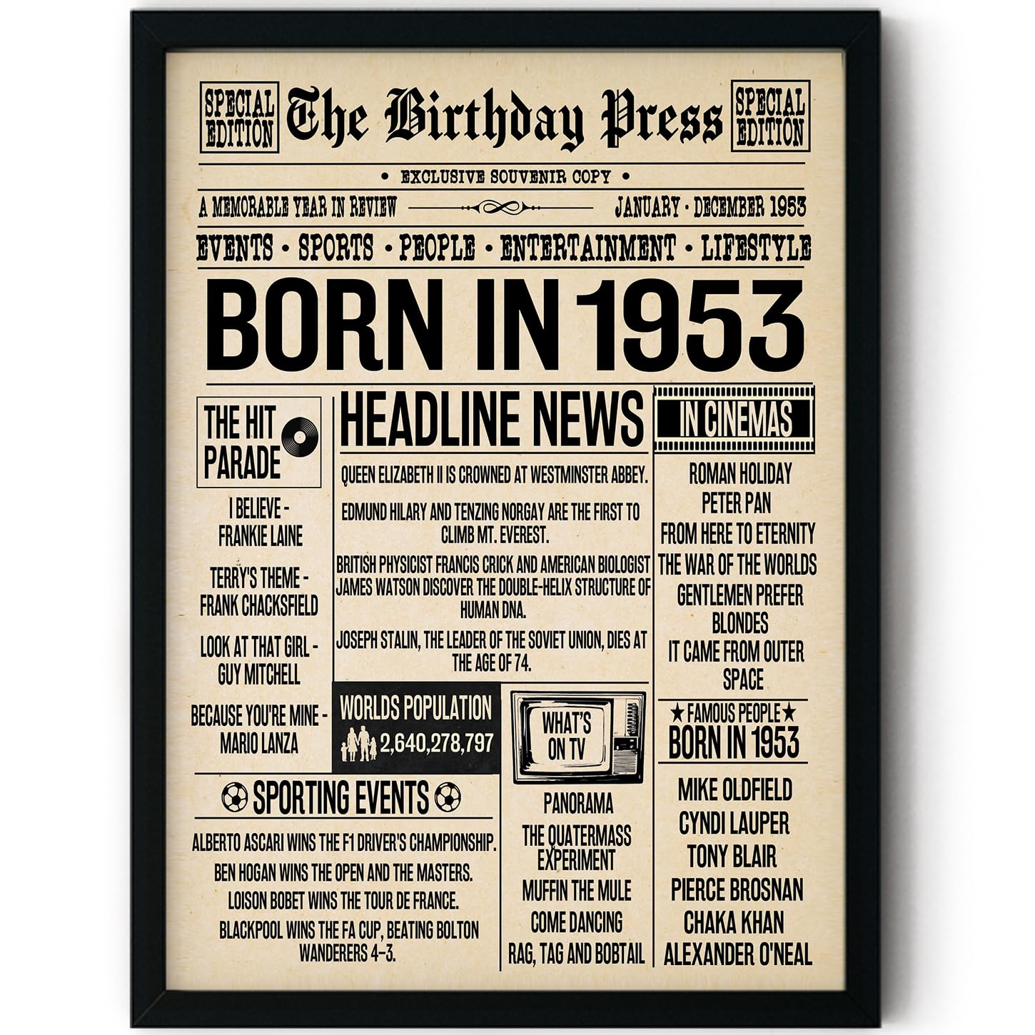 Stuff4 73rd Birthday Poster Framed - Born In 1953 Newspaper - Happy 73rd Birthday Gifts for Men Women Vintage Retro Back In 1953, 8x10 Inch Bday Party Decor Decoration
