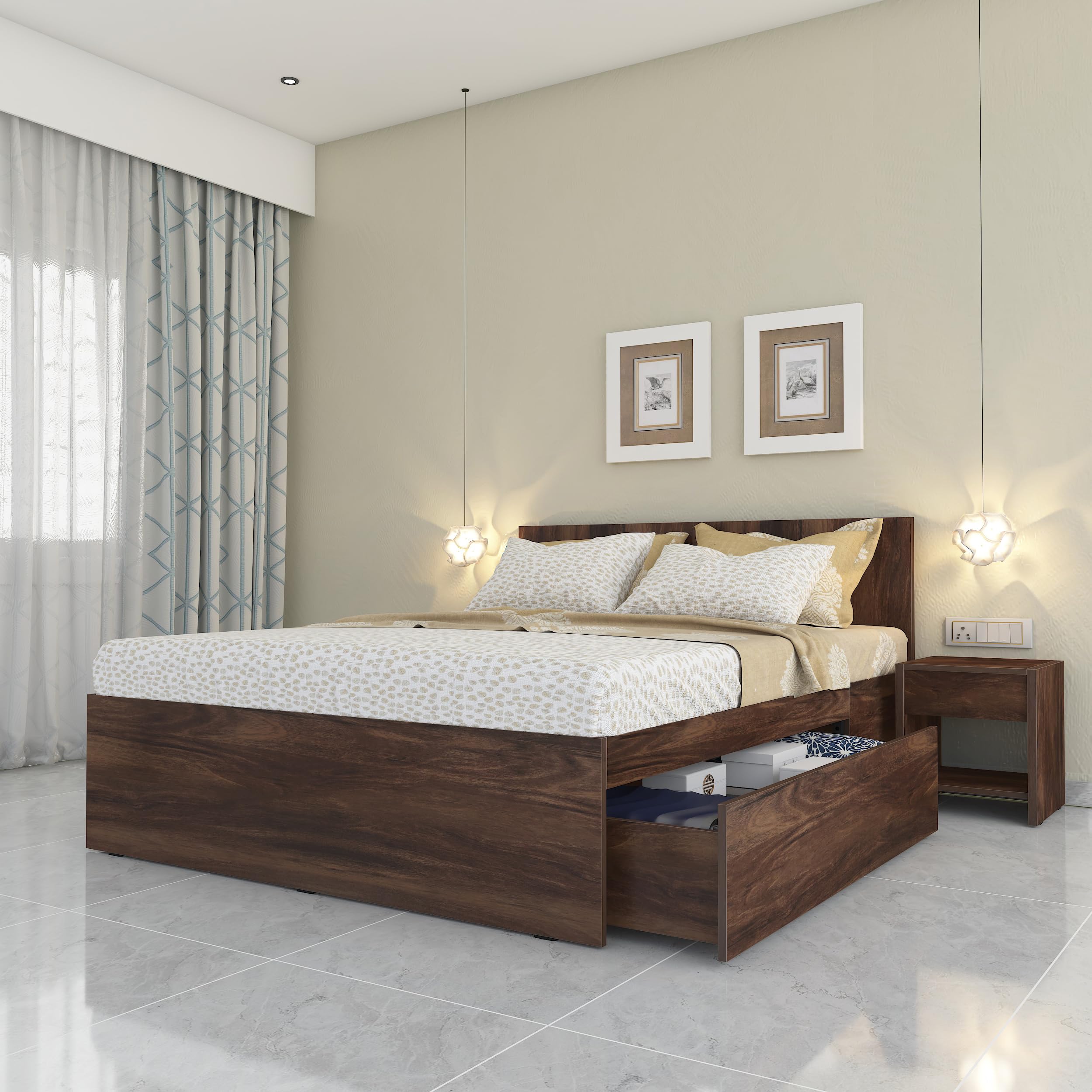 Studio Kook Aztecc Right Engineered Wood Queen Bed with 1 Drawer Right Matte Finish (Junglewood)