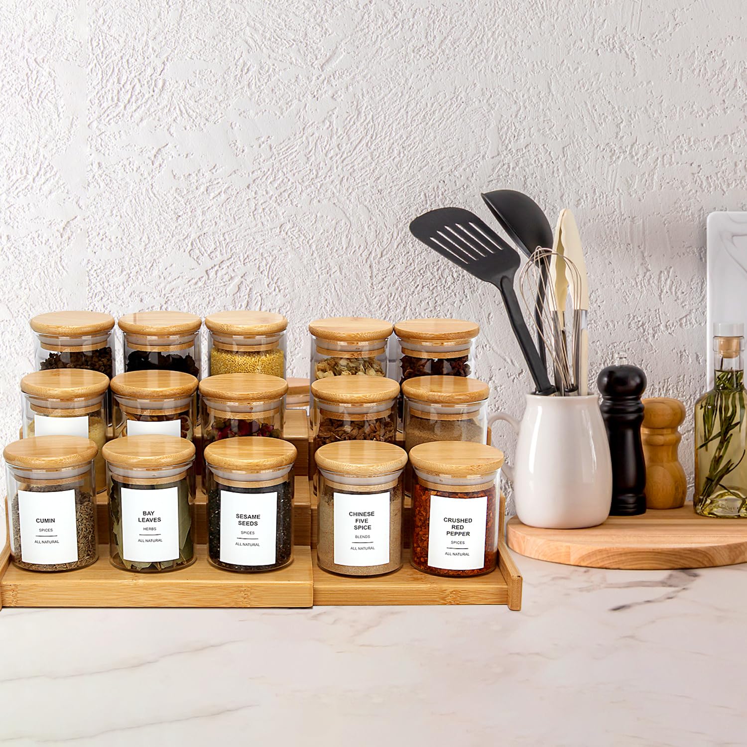EgticHome Gewürzgläser aus Glas mit Bambusdeckel und 315 Etiketten, transparent, für Küche, Zucker, Salz, Kaffee, Tee, Bohnen, 118 ml, 20 Stück