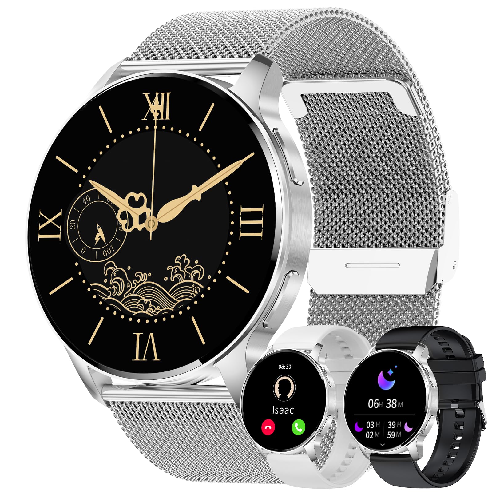 Smartwatch Donna Uomo Chiamata Bluetooth Contapassi Sonno Monitor | 1,34" HD Screen Smart Watch Rotondo Impermeabile Cardiofrequenzimetro Orologio Fitness Android IOS [3 Cinturino]