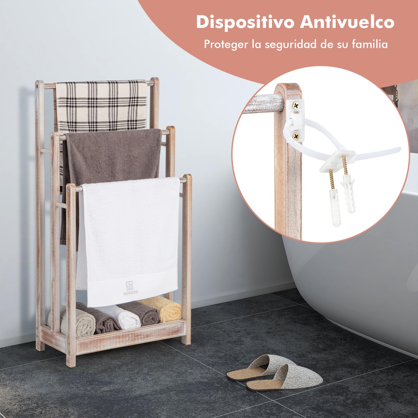 COSTWAY Toallero de Pie con 3 Barras,Toallero de 3 Niveles con Estante Inferior, Soporte para Toallas, Madera de Abeto Macizo, Dispositivo contra Caídas, 45,5 x 22 x 86 cm (Blanco)