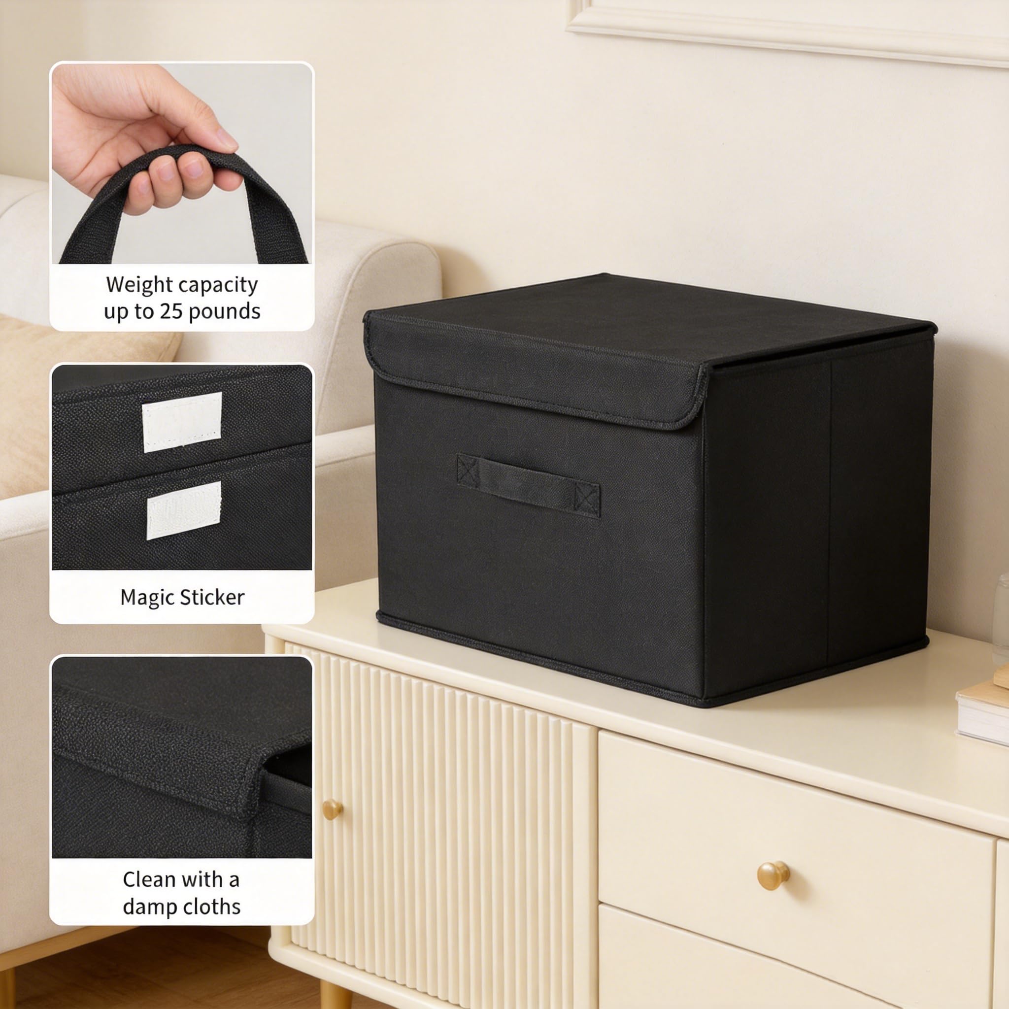 DIMJ 4 Piezas Cajas Organizadoras con Tapa Cajas de Almacenamiento Plegables Fabricadas en Tela con Asas Ideal Para Guardar Ropa, Zapatos, Ideal Para Guardar Juguetes, Ropa Y Cachivaches, Negro