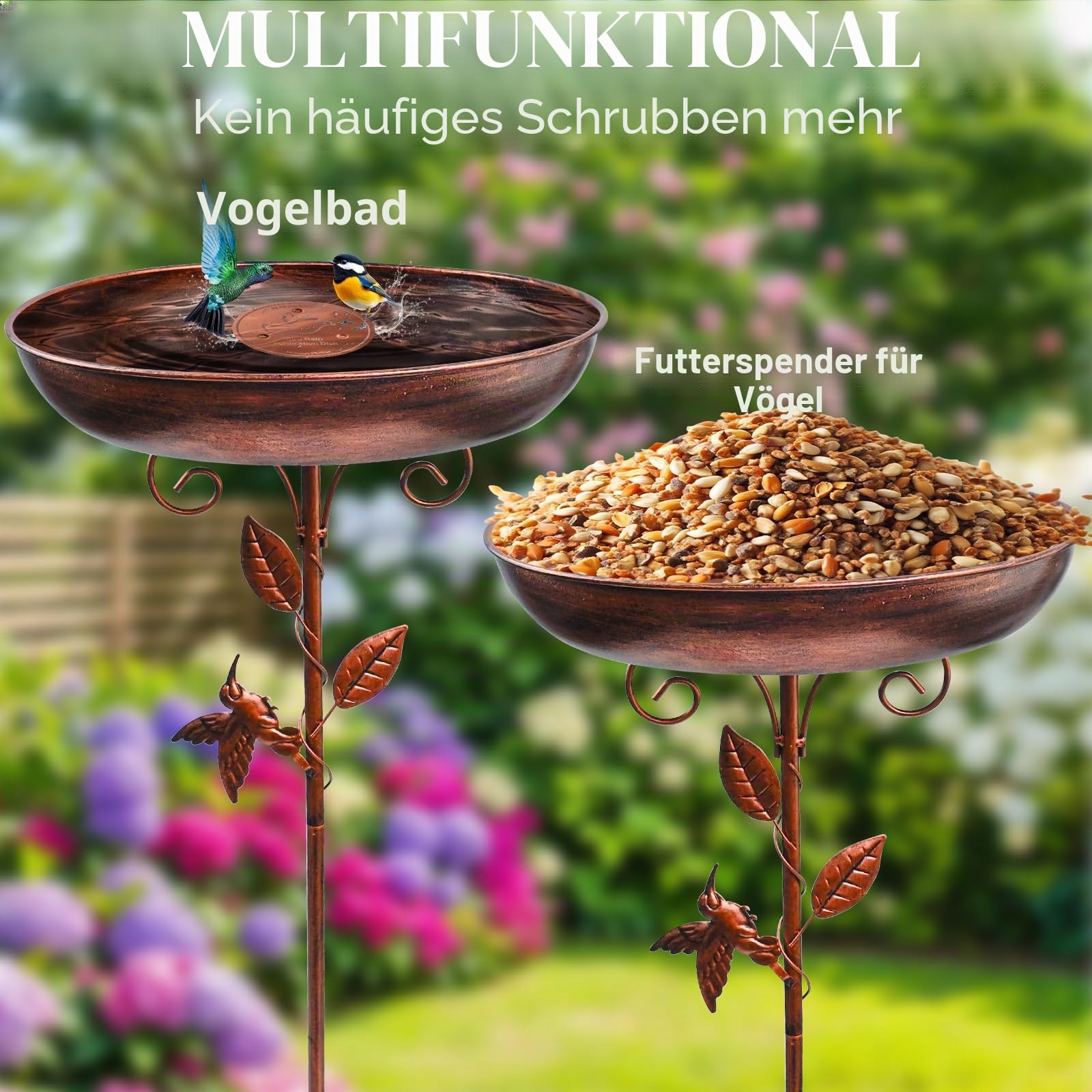 Vogeltränke Stehend mit Reinigungsscheibe, 80CM Metall Vintage Vogelbad, Außen Vogelbad für Garten, Abnehmbares Vogeldusche, Vogeltränke Winterfest Futter Wasserschale