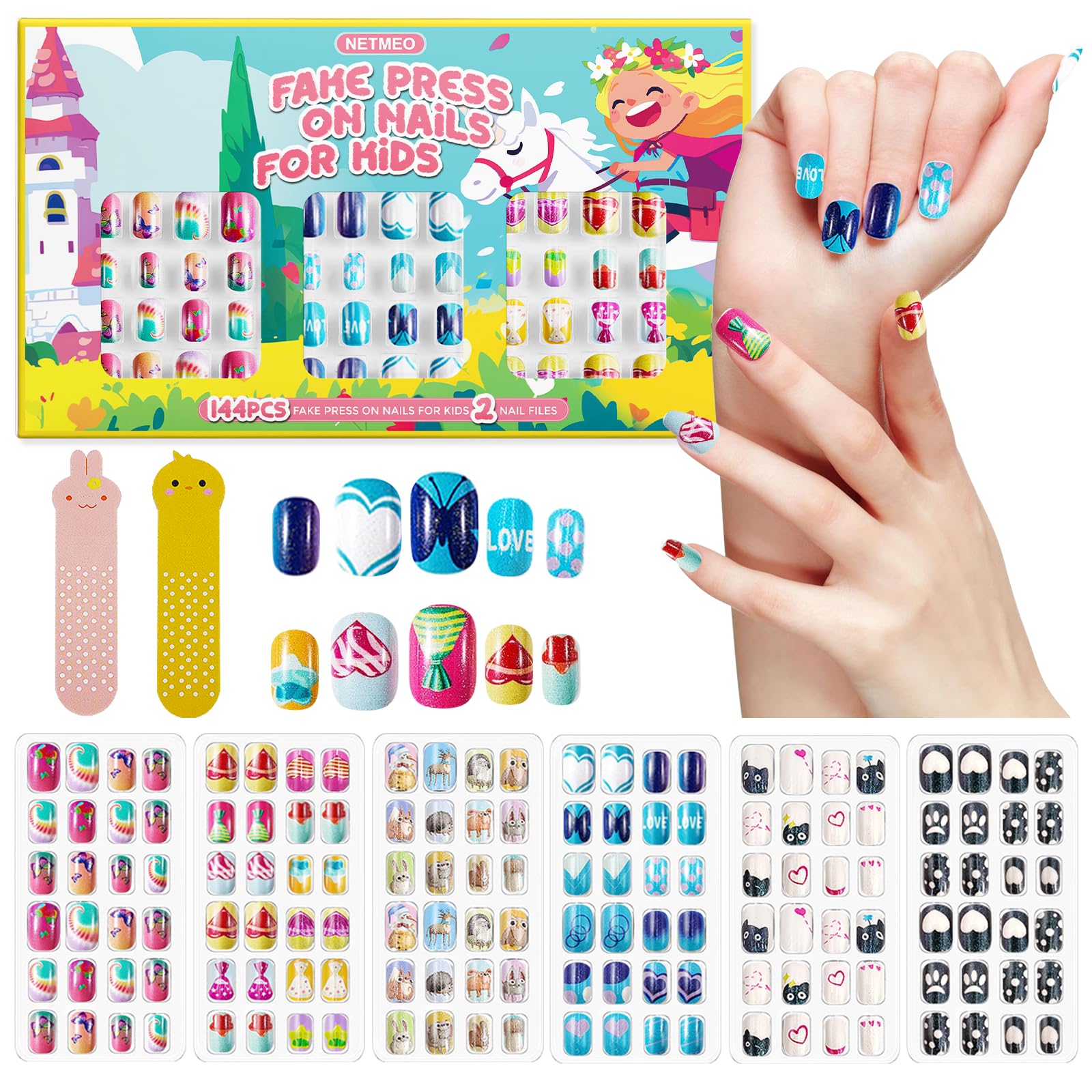 144 Pcs Kids Press on Nails Fake Nails Artificial Nail Tips Children Girls Pre Glue Full Cover Short False Fingernails for Girls Kids Nail Art