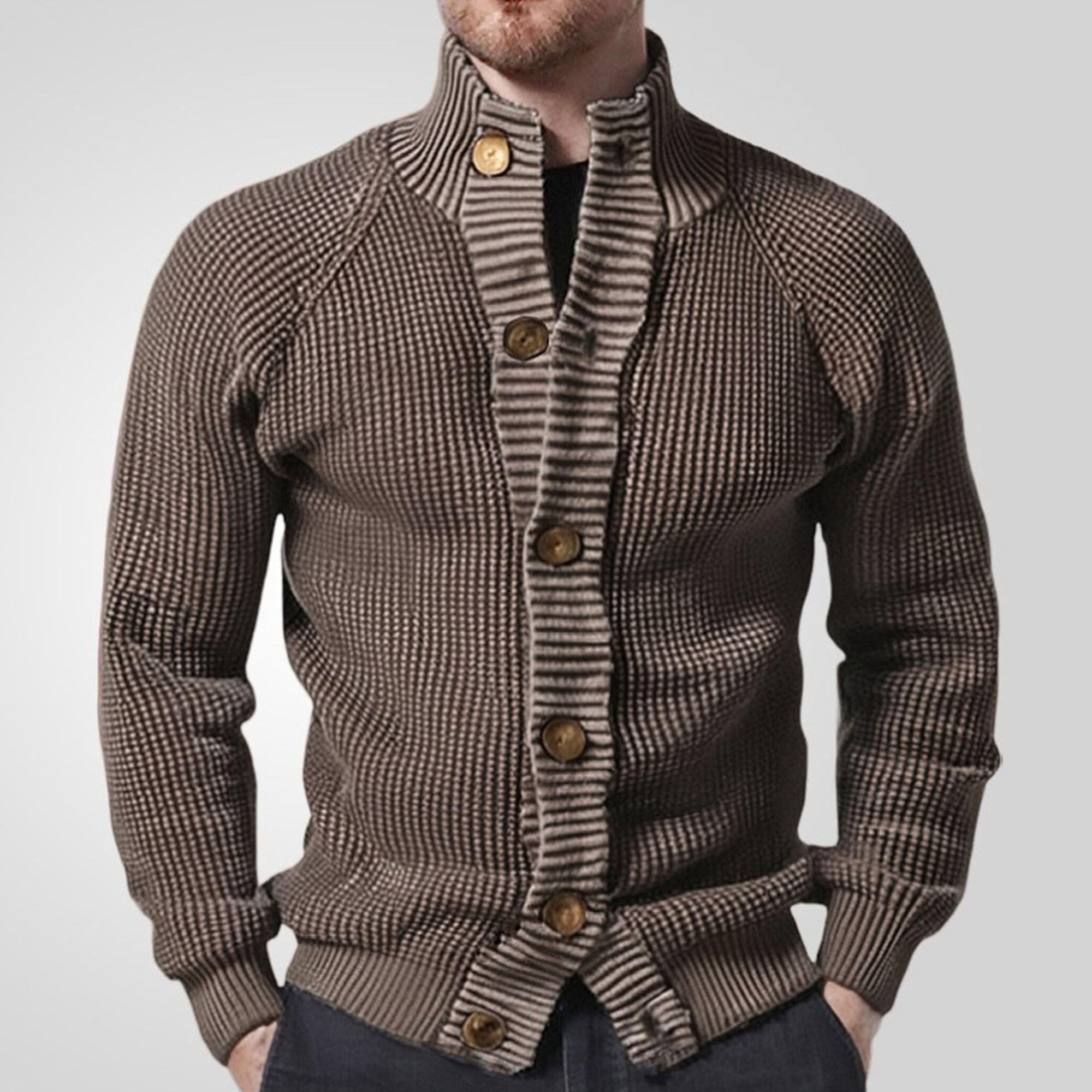 Men's Open Front Stand Collar Cardigan Retro Lapel Cable Knited Sweater Button Up Shawl Collar Cardigans (Brown,3X-Large)