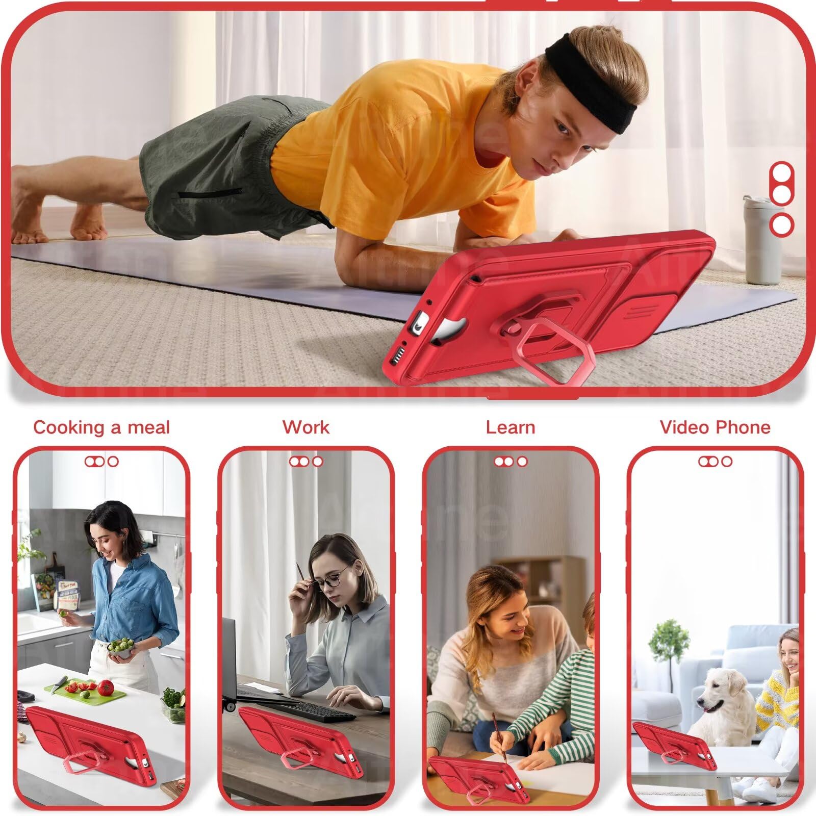 Funda con Cuerda para Samsung Galaxy A56 5G Case con Ranura para Tarjetas,360 Anillo función de Soporte Cubierta -Rojo — view 3