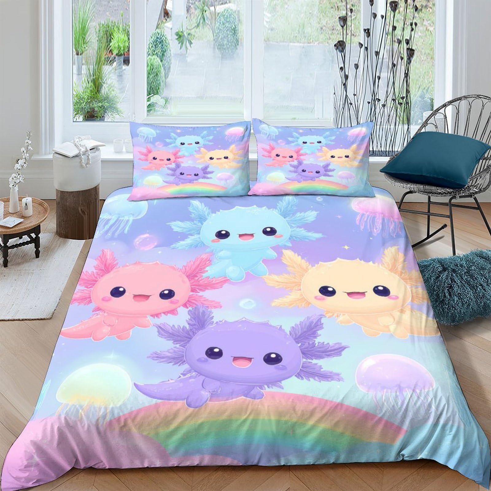 Ctjqhvkz Style-4 3D Printed Cute Axolotl Fitted Sheet Microfiber Pastel Cartoon Bed Cover For Bedroom Decor Mattress Protection Single（135X200cm）