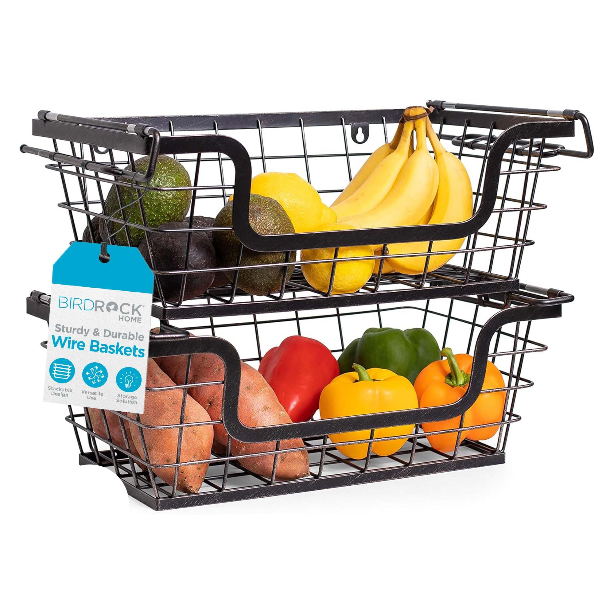 BIRDROCK HOME Wire Baskets - Set of 2 Stackable Hanging Bins - Wall Mount Shelf - Potato Onion Storage - Kitchen Pantry Organizer - Fruit Vegetable Snack Tier - Counter Cabinet Storage - Metal Baskets