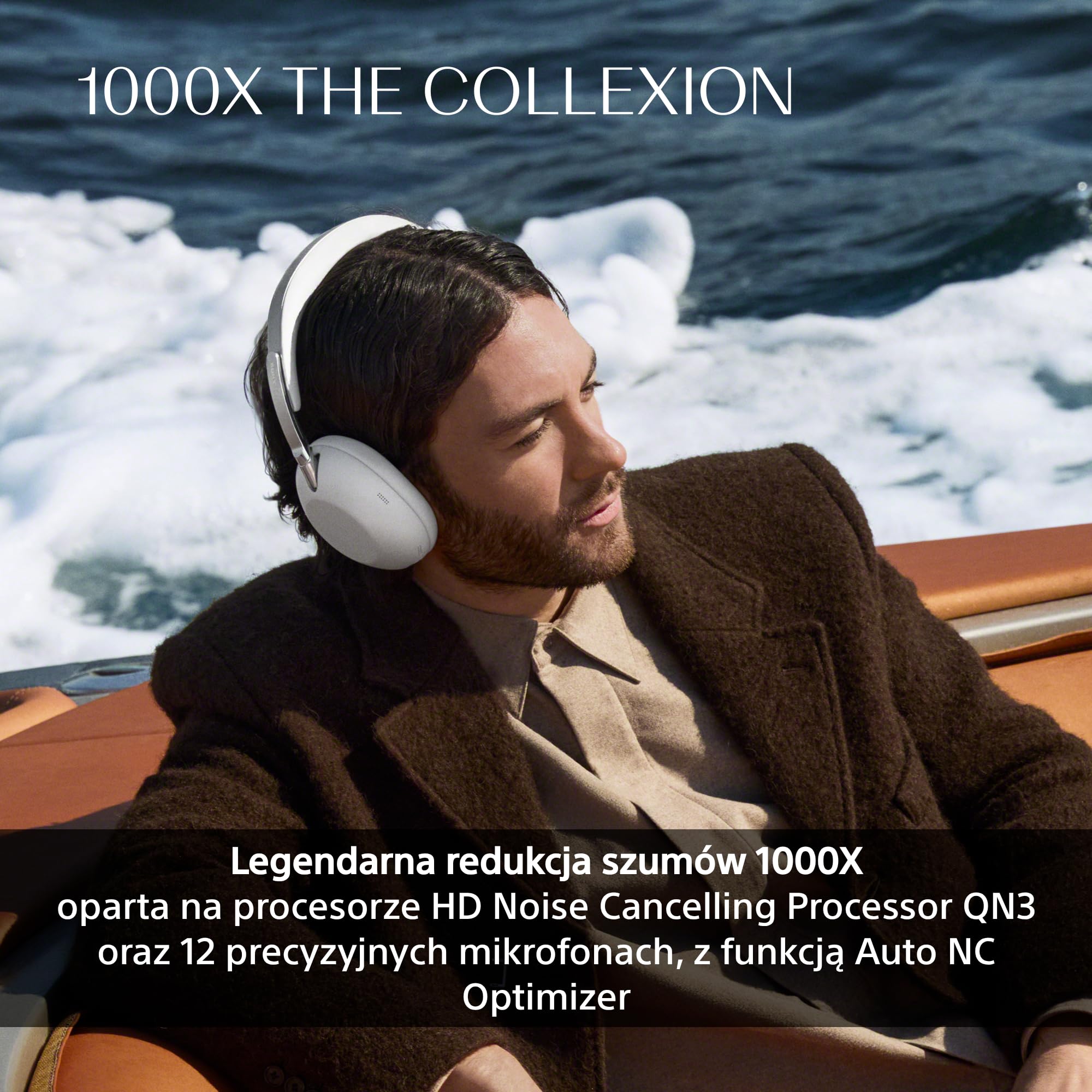 SONY 1000X THE COLLEXION Luksusowe bezprzewodowe słuchawki nauszne Bluetooth, dźwięk Hi-Res, aktywna redukcja hałasu Premium NC, 360 Spatial Audio, etui, iOS & Android, platynowo-białe, nowy model
