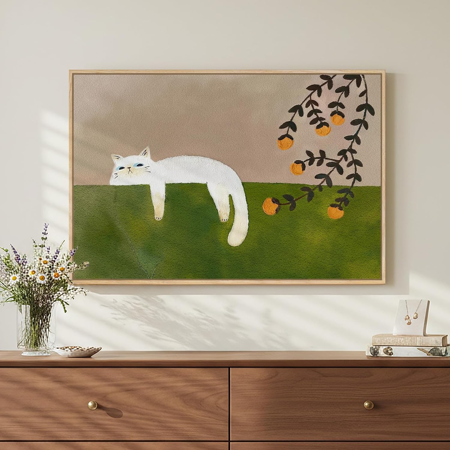 Framed Neutral and Green Wall Art for Bedroom Decor, Large Cozy Cat Canvas Painting Artwork for Room Walls, Green Picture Print for Dining Room Nursery Guest Room Hallway Wall Art Decor, 24x36 Inch