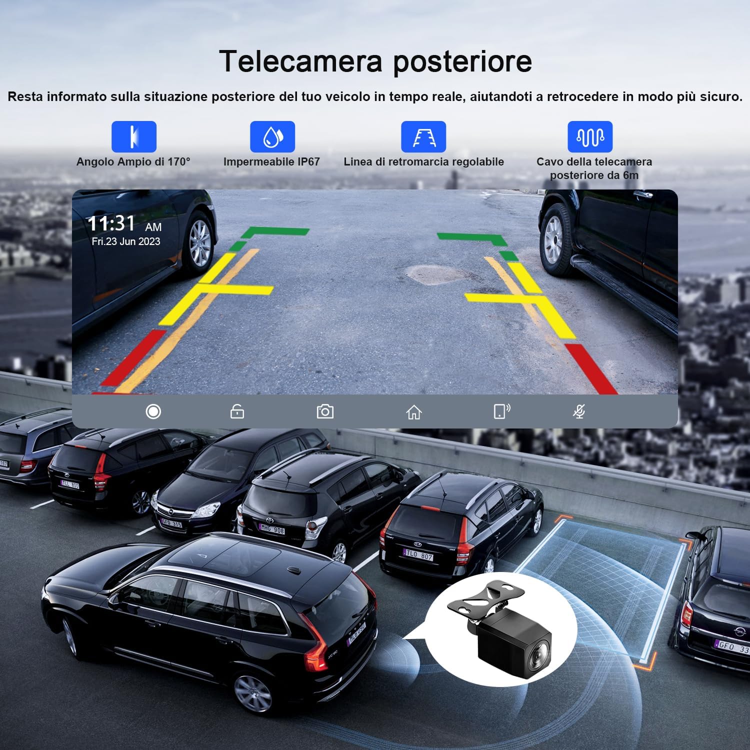 Diagram showing the installation of the rear camera with connections to the Avylet display and vehicle's reverse light.