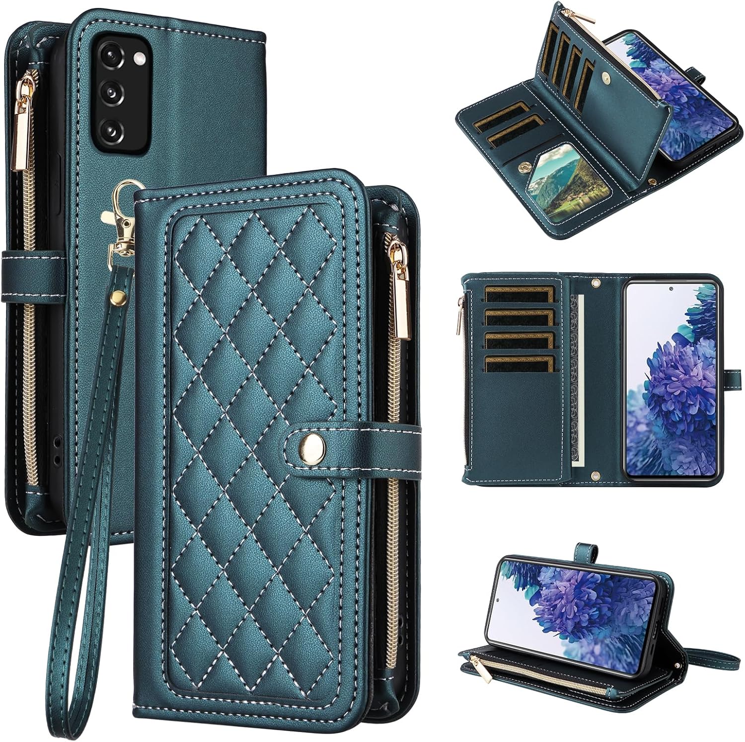 Wallet Case for Samsung Galaxy S20 FE 5G 6.5 inch with Wrist Strap Flip Zipper Credit Card Holder Cell Phone Cover for S 20 EF UW 2022 S20FE5G S20FE 20S S2O Fan Edition 4G G5 Women Girls Green