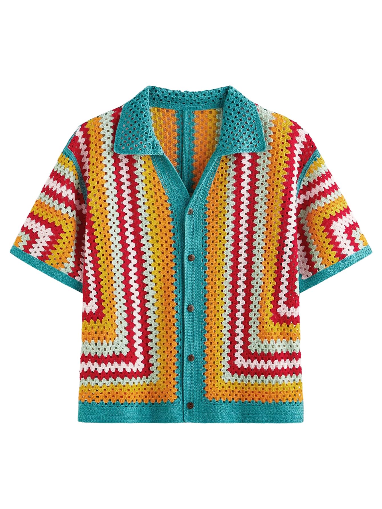 BEAUDRM Men's Striped Knit Shirts Short Sleeve Button Down Shirt Crochet Hollow Out Summer Beach Top Vintage Vacation Wear