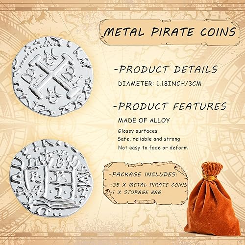 Miniatura 2 de 35 monedas de pirata de metal, juego de monedas del tesoro plateado, réplica de metal español para fichas de juegos de mesa, moneda de cofre del