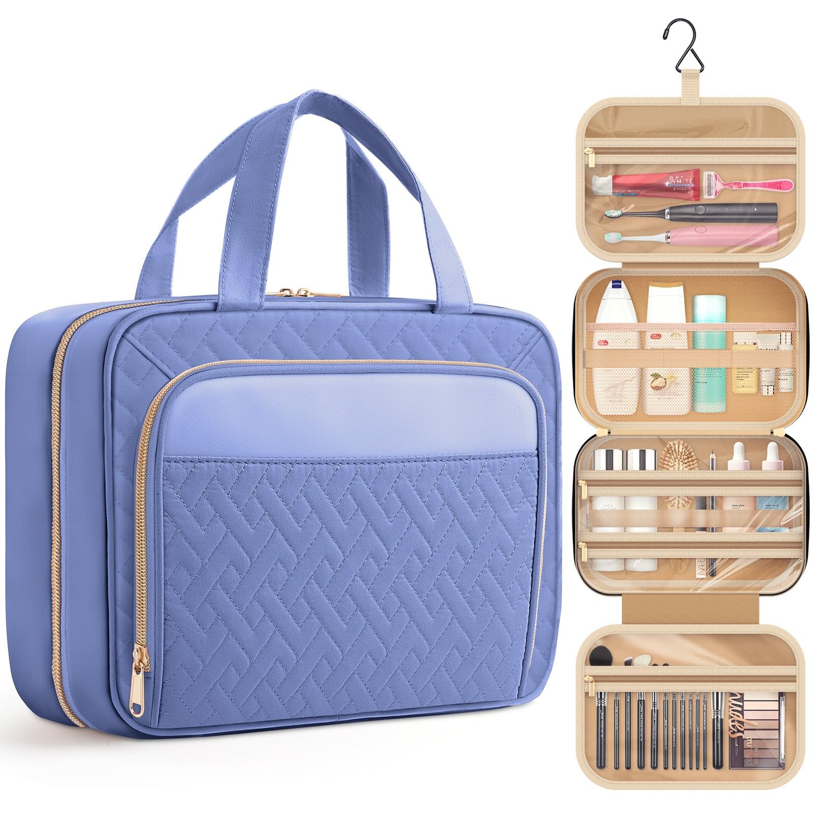 HOTOR Travel Toiletry Bag for Women & Men, Waterproof Makeup Bag with Hanging Hook and Multiple Pockets, Cosmetic Bags for Women, Travel Essentials, 11.2'' x 3.2'' x 8.9'', Aegean-Blue