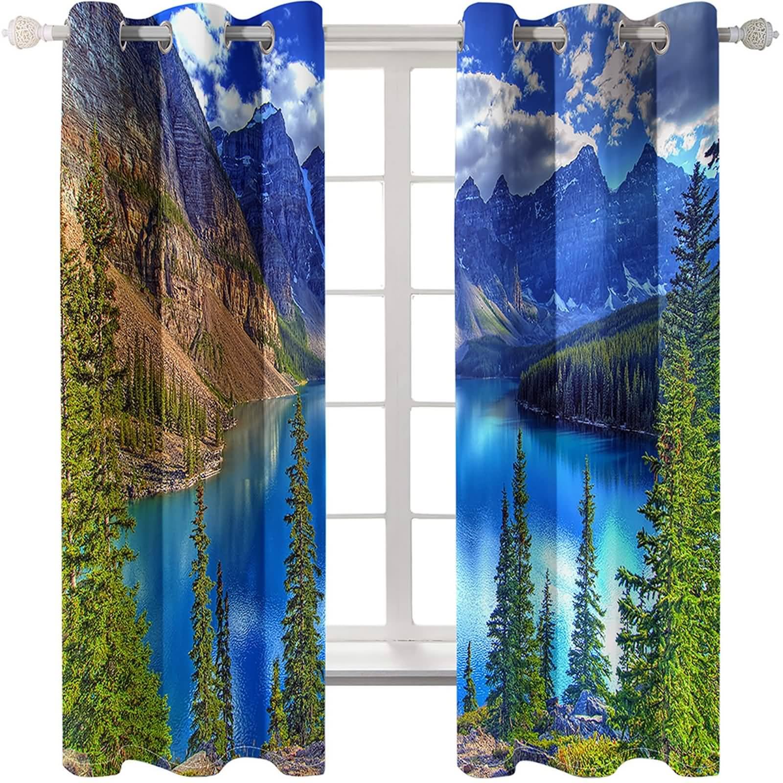 Blickdichter Vorhang mit Ösen, 234x244cm Blau Grün Braun See Gebirge Wald Landschaft Vorhang für Schlafzimmer-Fenstervorhänge