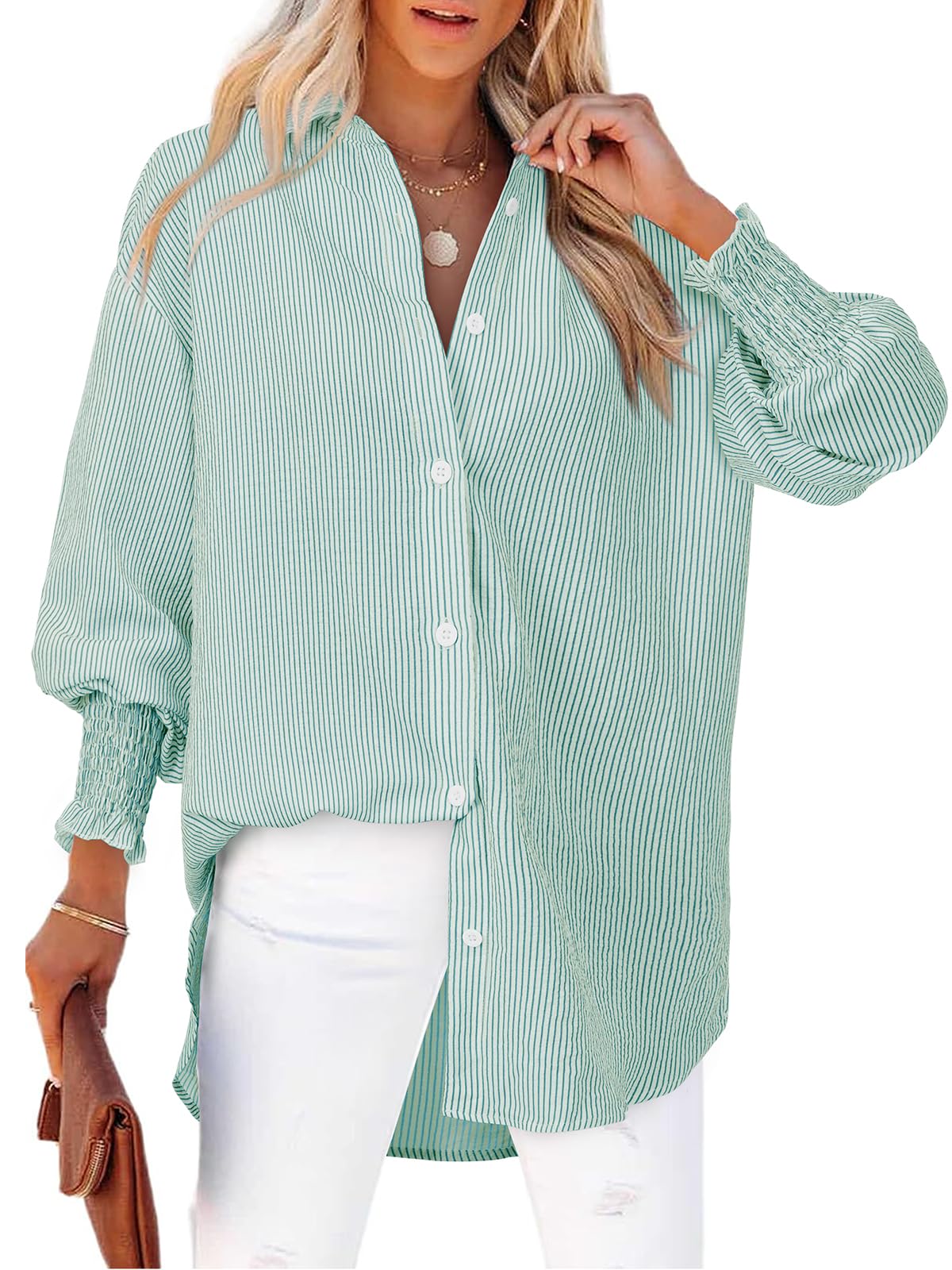 Women's Striped Button Down Shirts Long Sleeve Smocked Cuffed Oversized Boyfriend Blouses Collared Work No Pockets Tops